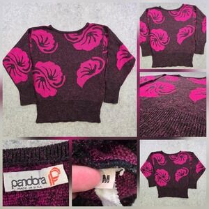 Vintage Pandora Sweater Womens Medium Purple Pink Floral Dolman Knit USA 80s